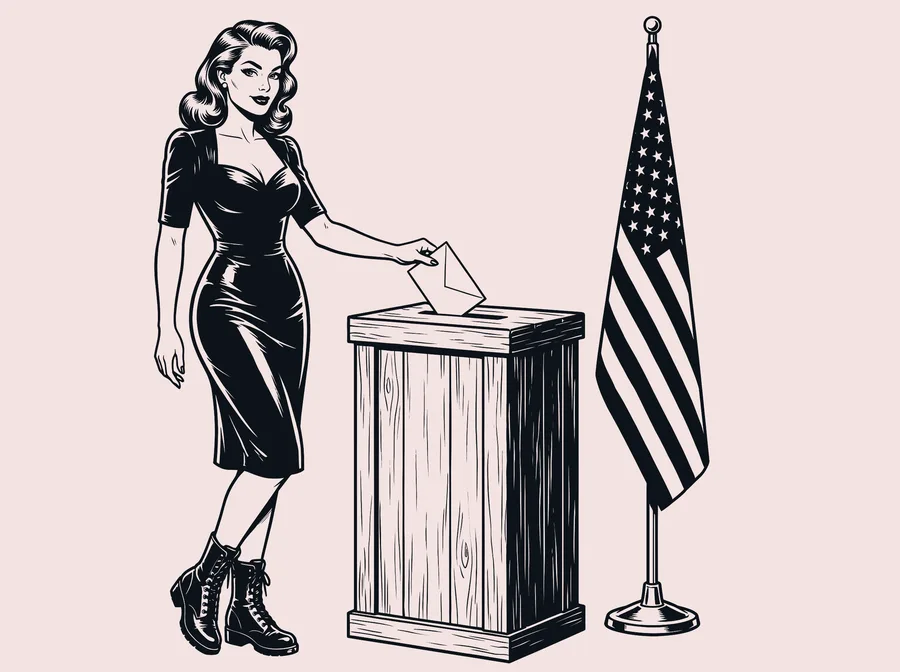 Noir illustration of a 1940s woman in a black dress and combat boots casting a paper ballot