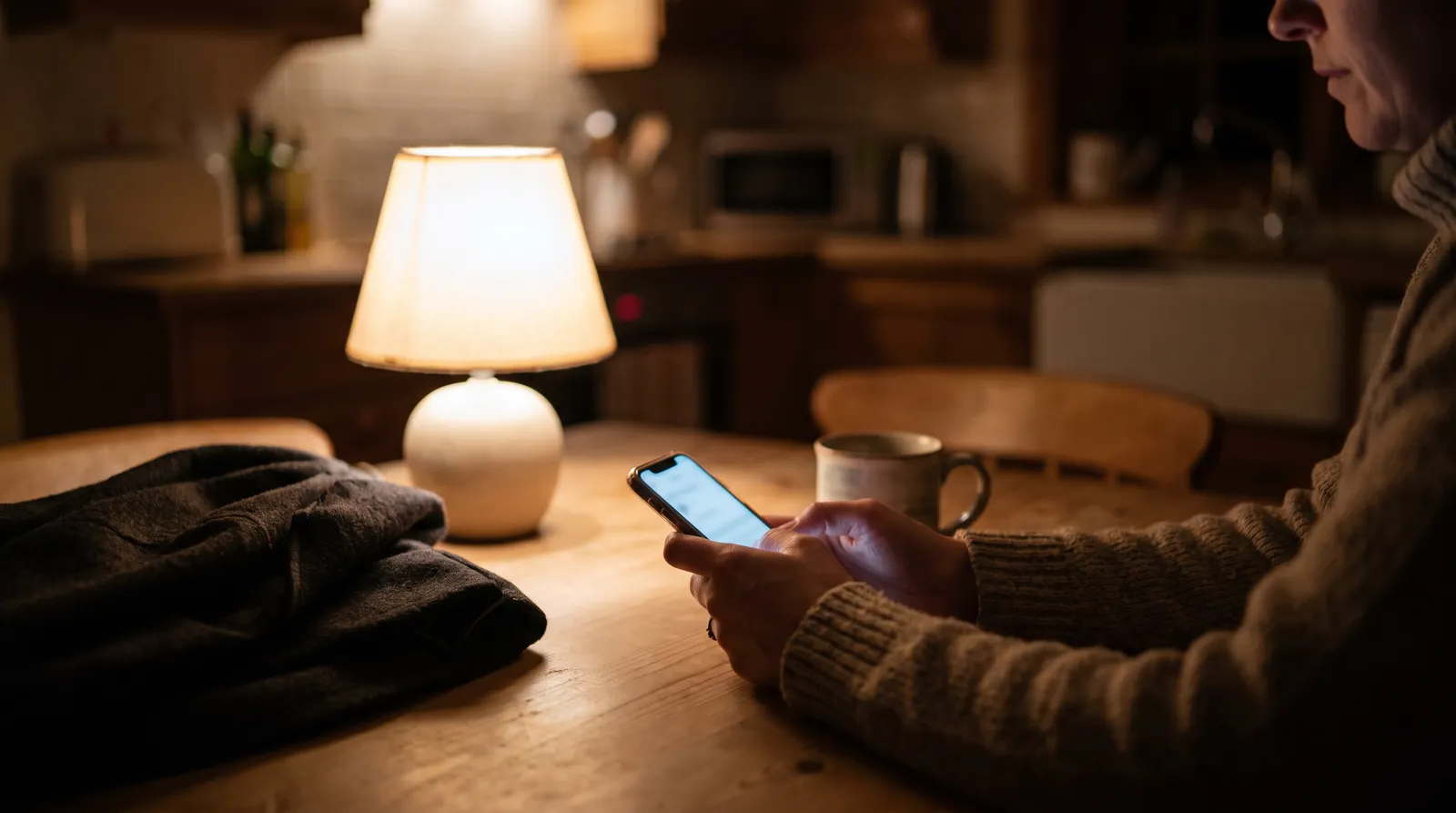 Domestic violence shelter help in Mesa, AZ: a woman's hands holding a phone at a kitchen table at night