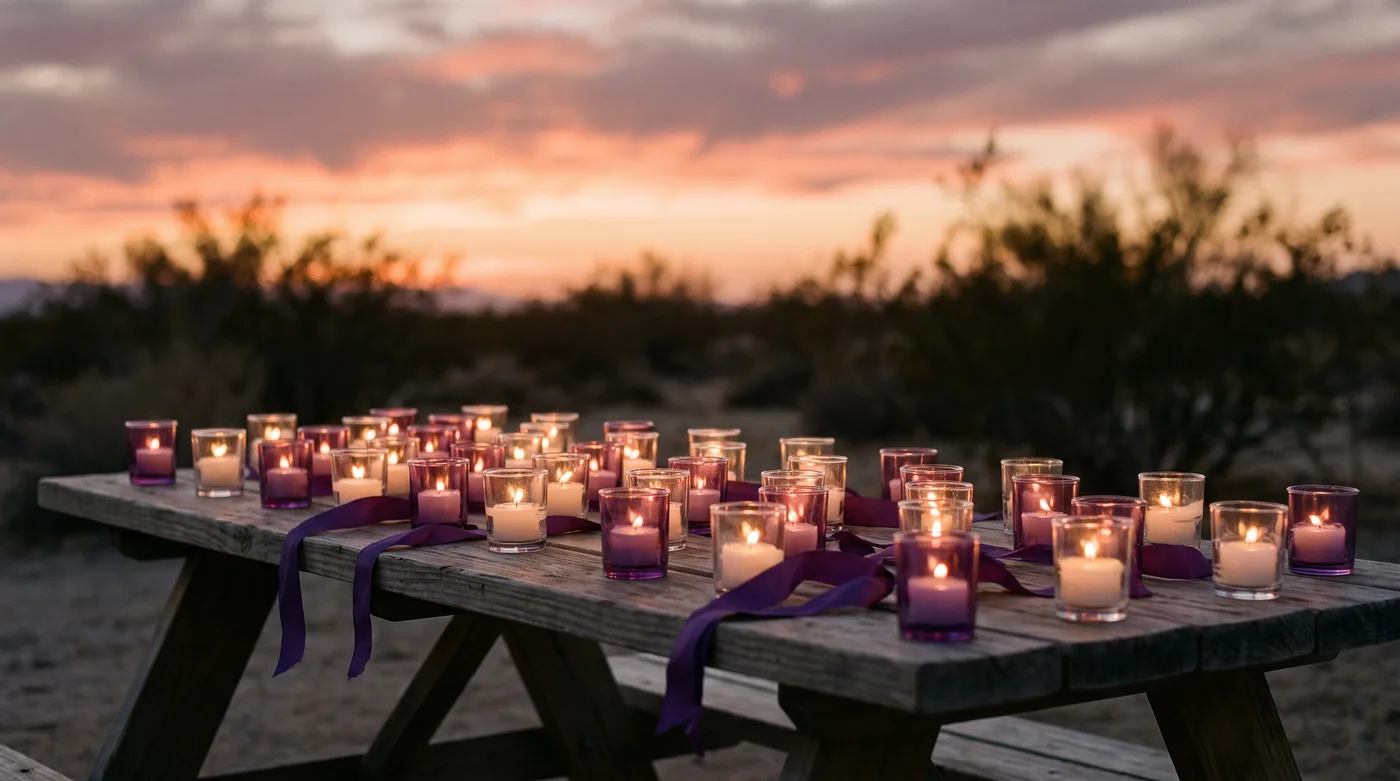 Domestic violence statistics in Arizona: rows of lit purple memorial candles on a table at dusk for Domestic Violence Awareness Month