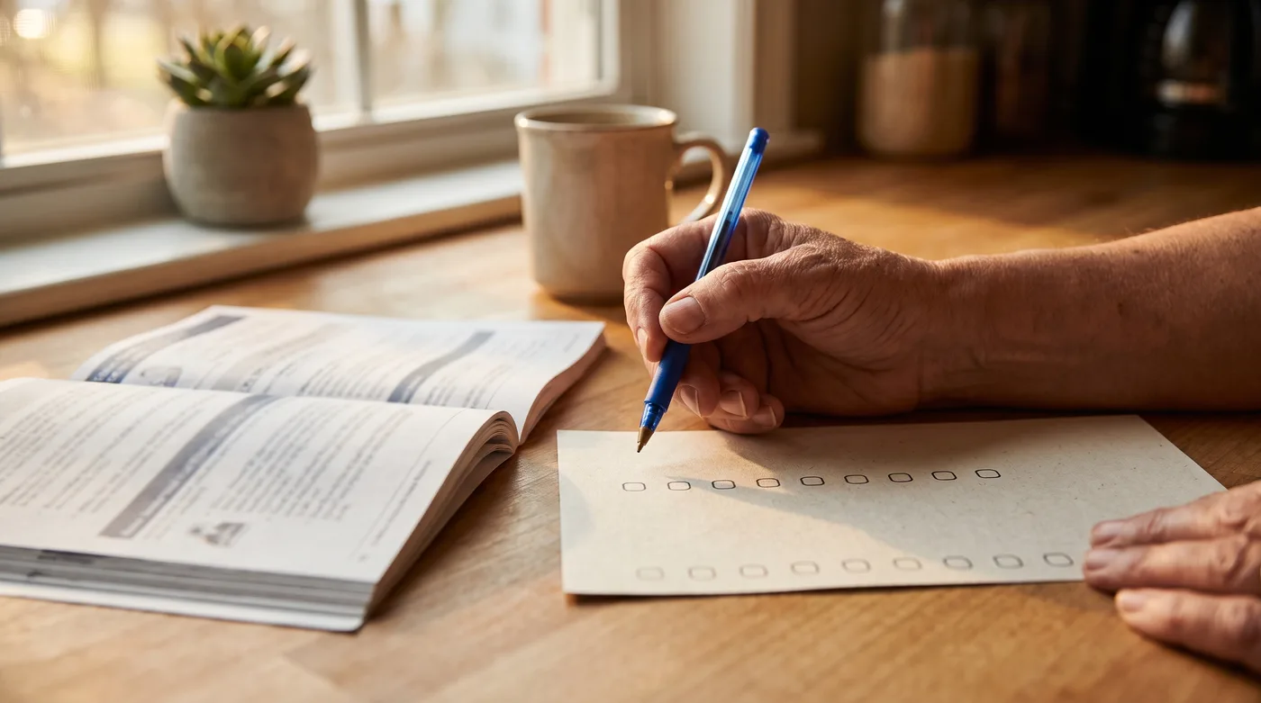 Arizona propositions 2026: a hand holding a pen over an unmarked mail-in ballot and voter information pamphlet on a kitchen table