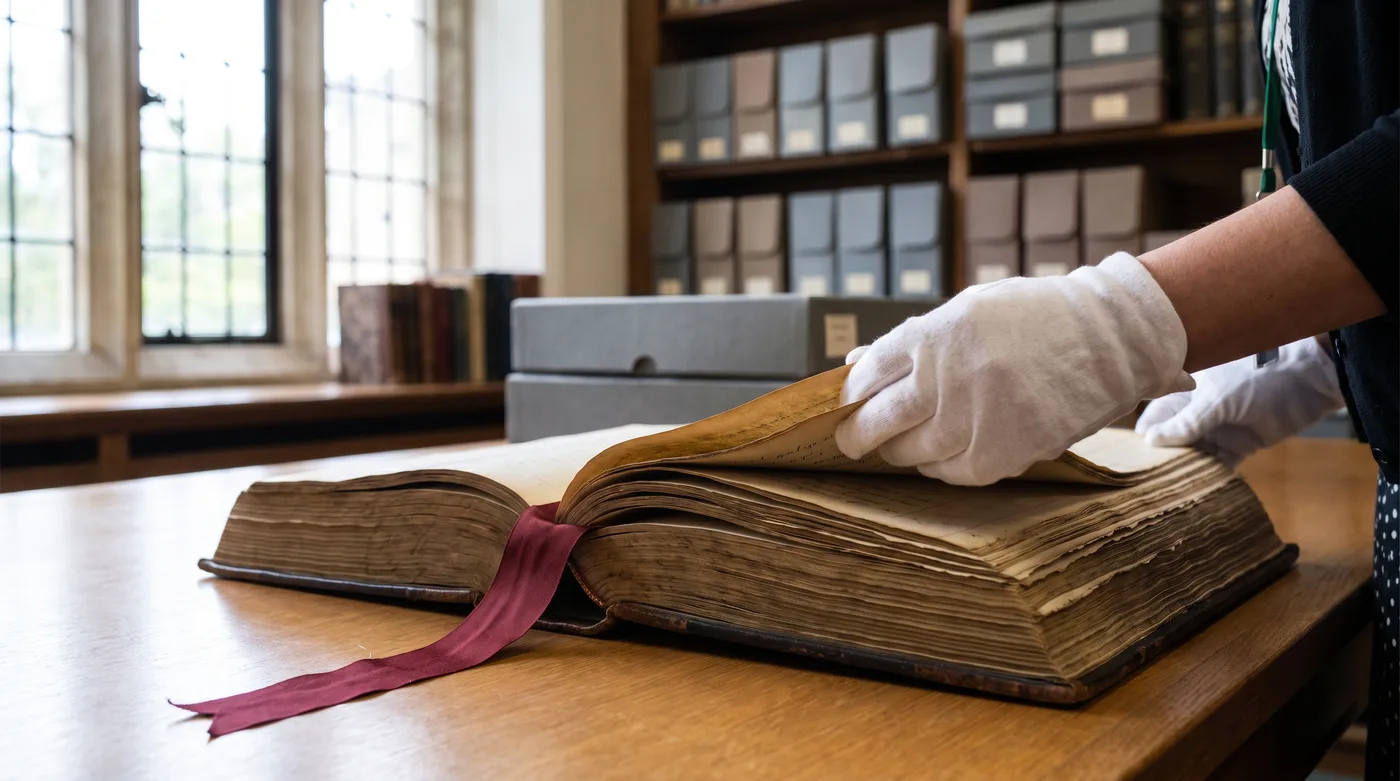 Arizona Women's Hall of Fame history: a gloved archivist's hands turning yellowed pages of an old ledger in a quiet archive