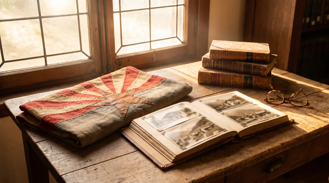 Arizona Women's Hall of Fame 2026: a hand-sewn copper star flag, an old photo album and a stack of books on a wooden table in warm afternoon light