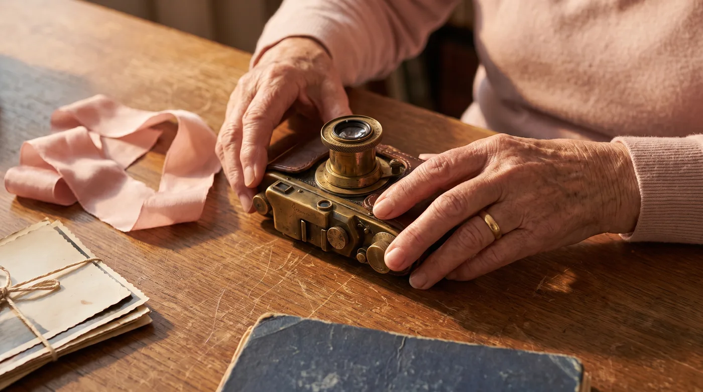Arizona Women's Hall of Fame 2026 inductees honored: an older woman's hands holding a vintage film camera beside a pink ribbon on a desk