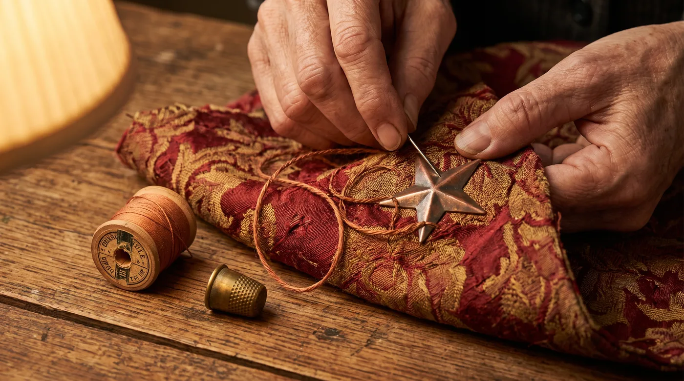 Arizona Women's Hall of Fame Legacy honoree story: hands stitching a copper star onto red and gold fabric with needle and thread