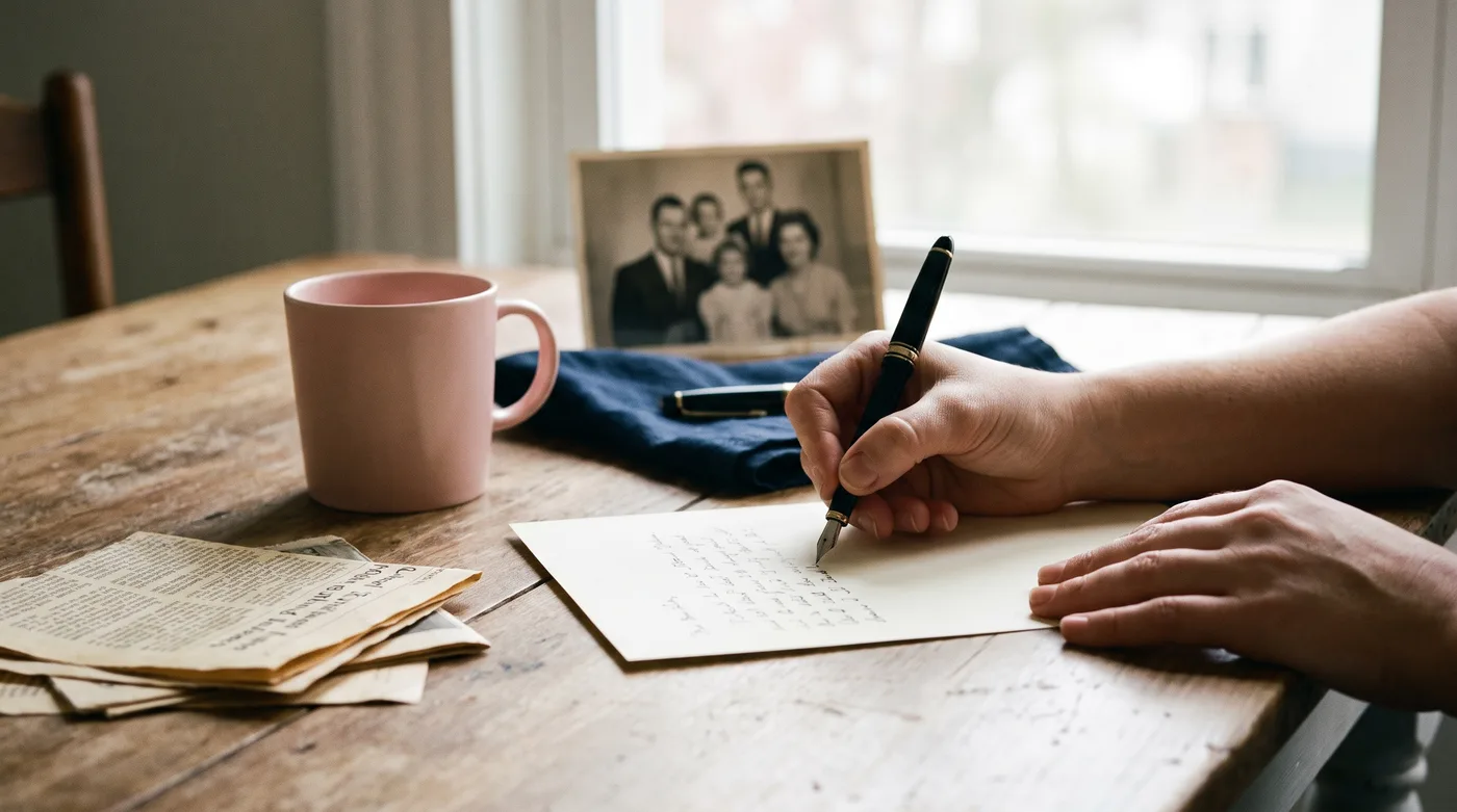 Nominating someone for the Arizona Women's Hall of Fame: hands writing a letter beside old newspaper clippings and a family photo in soft window light