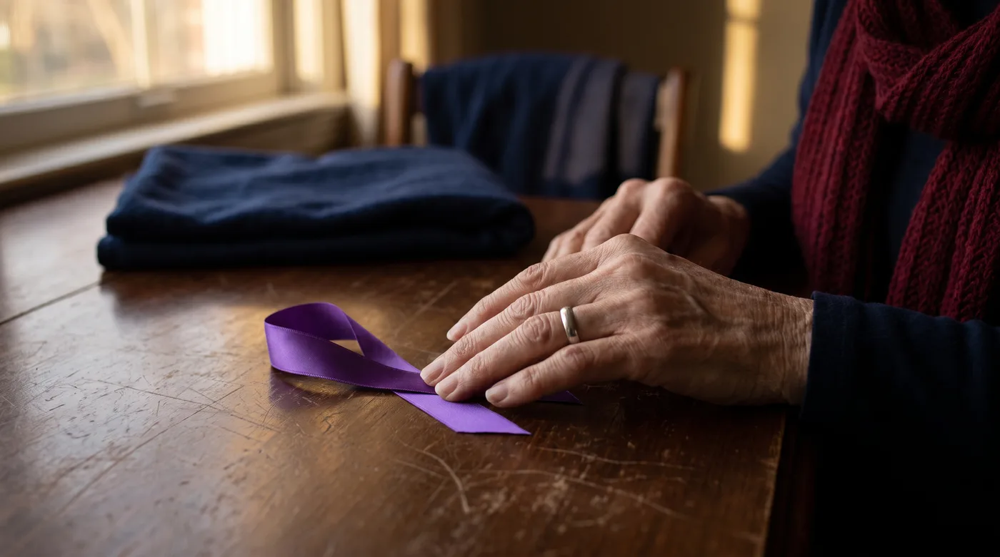 Hands smoothing a purple awareness ribbon on a wooden table, marking the domestic violence Arizona statistics for 2025