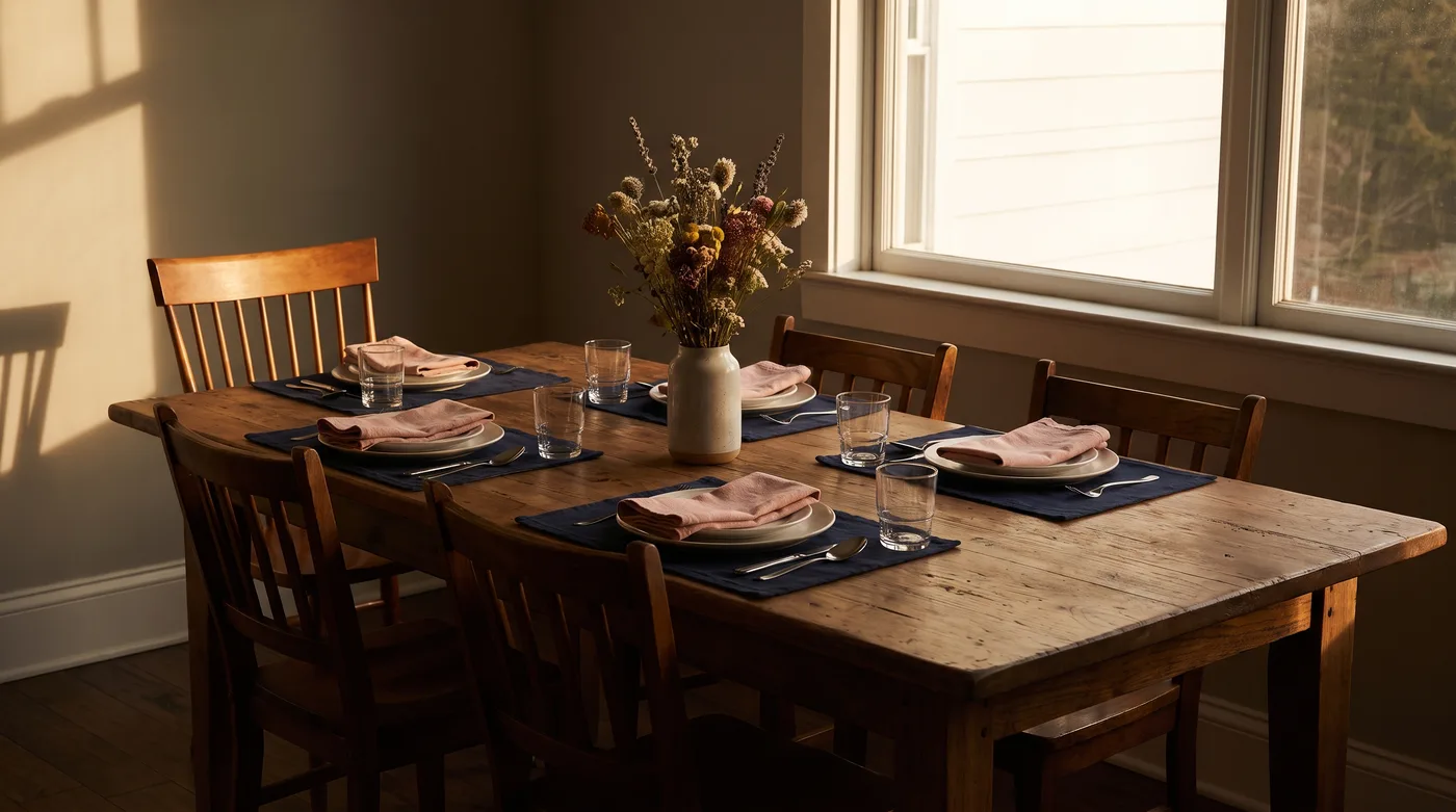 An empty chair at a set family dinner table in warm evening light, a quiet image for Arizona domestic violence homicides in 2025