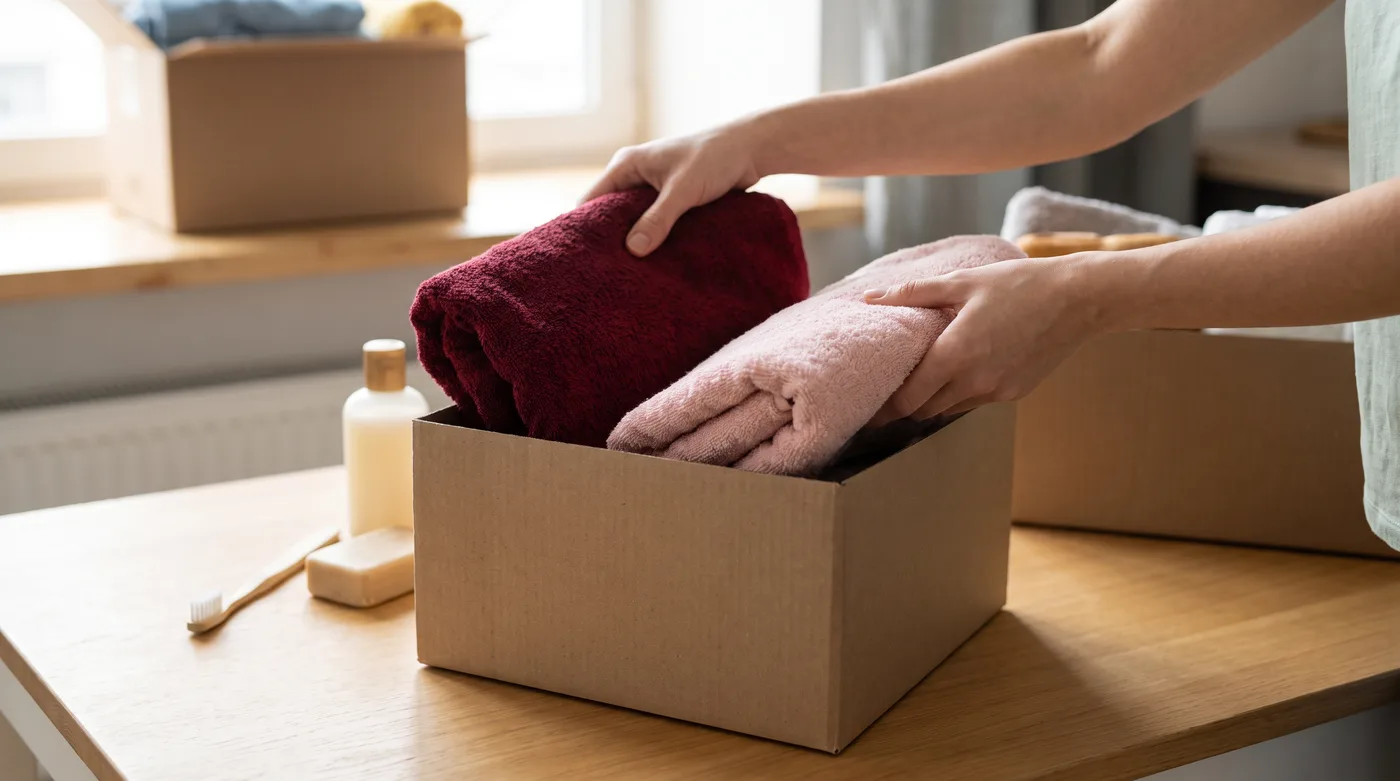 Hands placing folded towels and toiletries into a donation box for a domestic violence shelter in Arizona