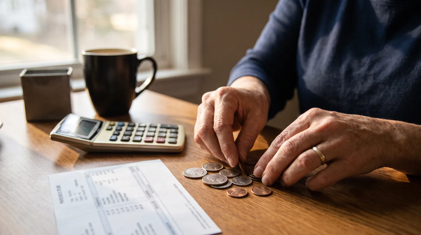 Gender pay gap in the US: a woman's hands sorting coins and a paycheck stub on a wooden desk in warm afternoon light