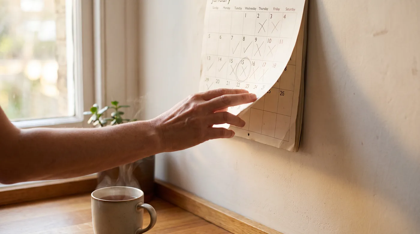 How long does menopause last: a paper wall calendar with months marked in pencil beside a cup of tea in soft morning light