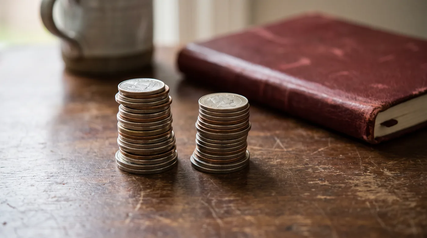 Two stacks of coins of slightly different heights on a desk, illustrating the raw and adjusted numbers behind the question is the gender pay gap real