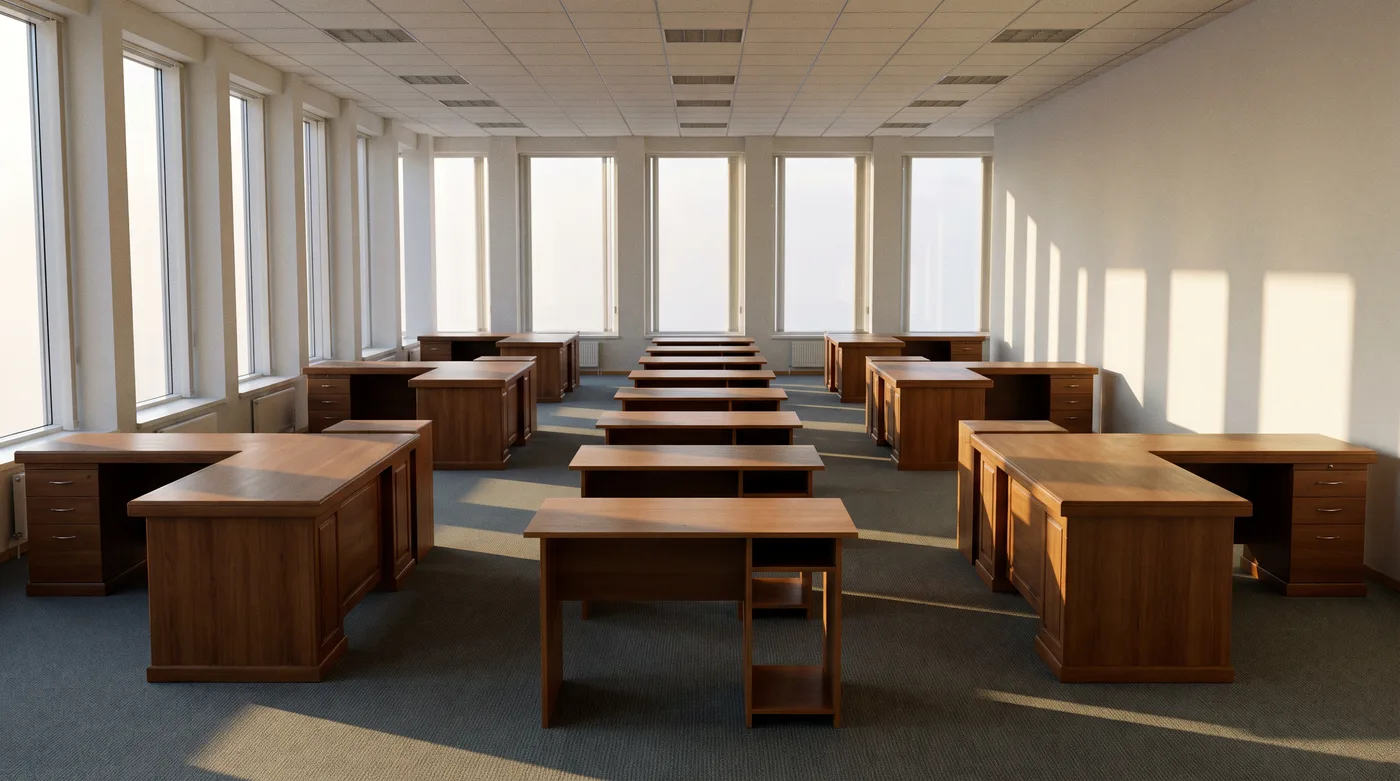 Rows of empty office desks of different sizes in a quiet open-plan office, a picture of occupational sorting in the gender pay gap debunked debate