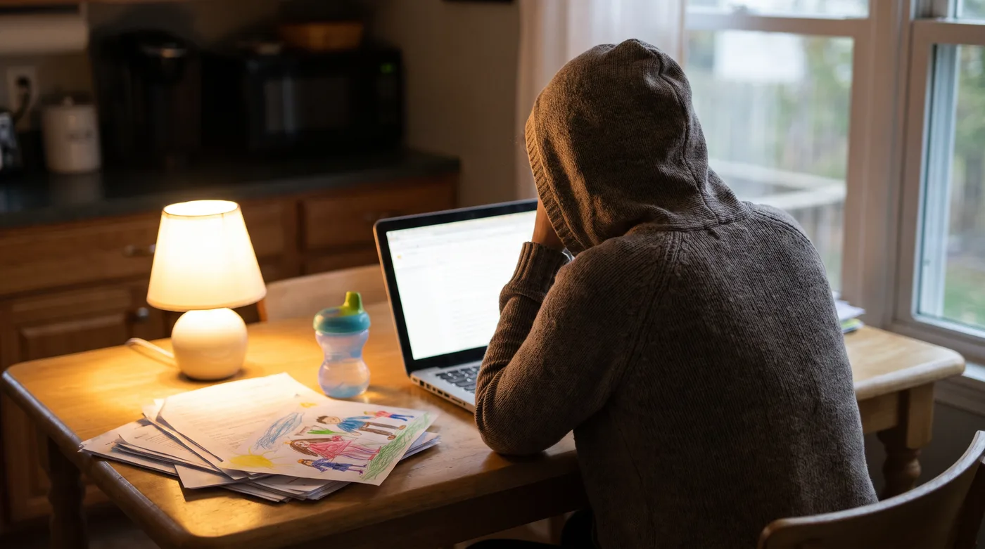 A mother seen from behind at a laptop late at night with a child's drawing on the table, reflecting the child penalty behind does the gender pay gap exist
