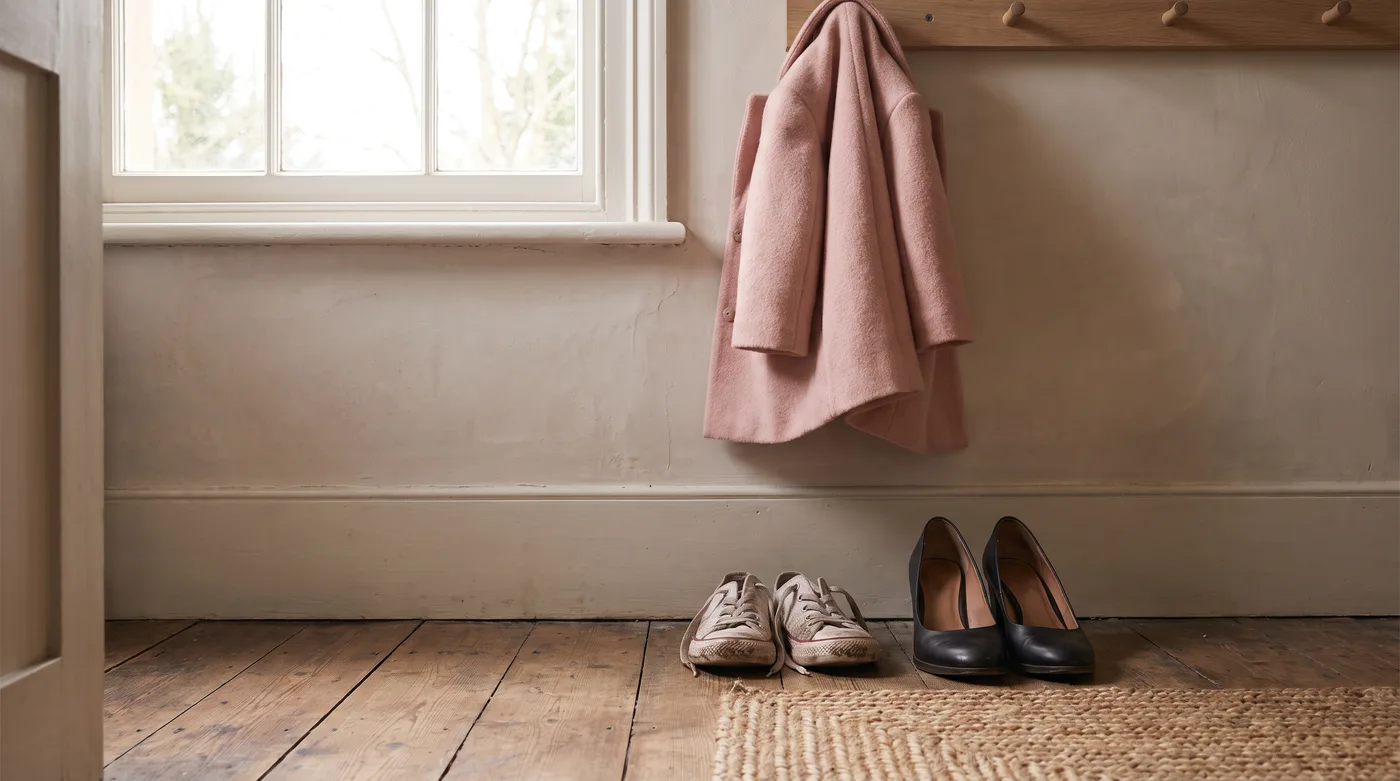 A small child's shoes beside a pair of work heels by a front door at dawn, a still life about the choice or cost question in the gender pay gap