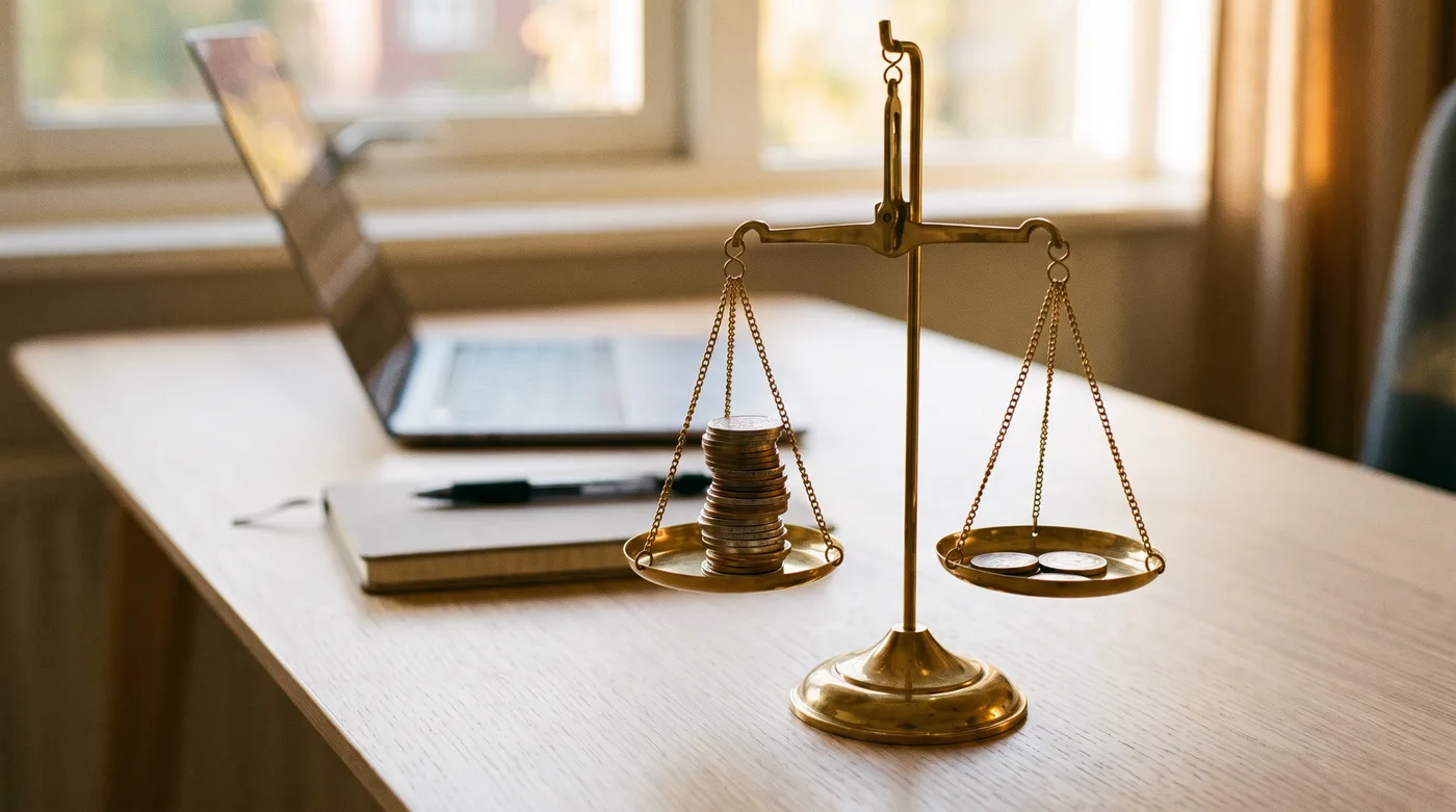 Is the gender pay gap real: a brass balance scale on an office desk with coins stacked unevenly on each side
