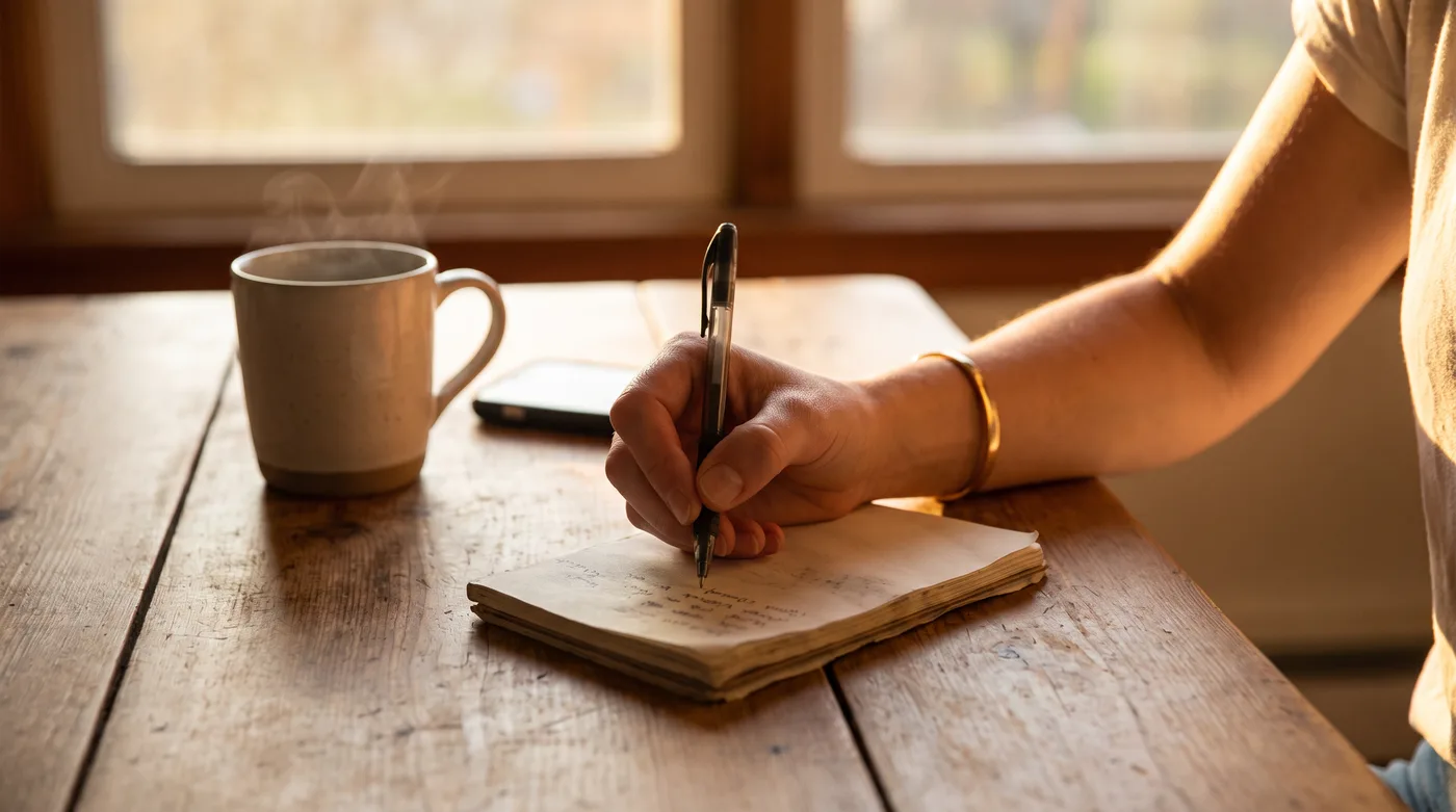 Domestic violence hotline in Maricopa County: a woman's hand writing shelter phone numbers in a notebook beside a phone at dusk