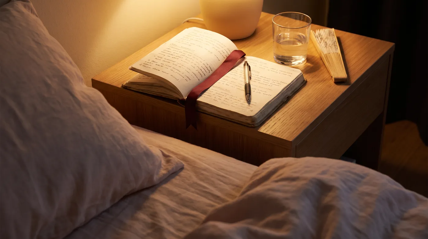 A paper symptom diary and pen on a bedside table at night, a quiet way to track menopause symptoms