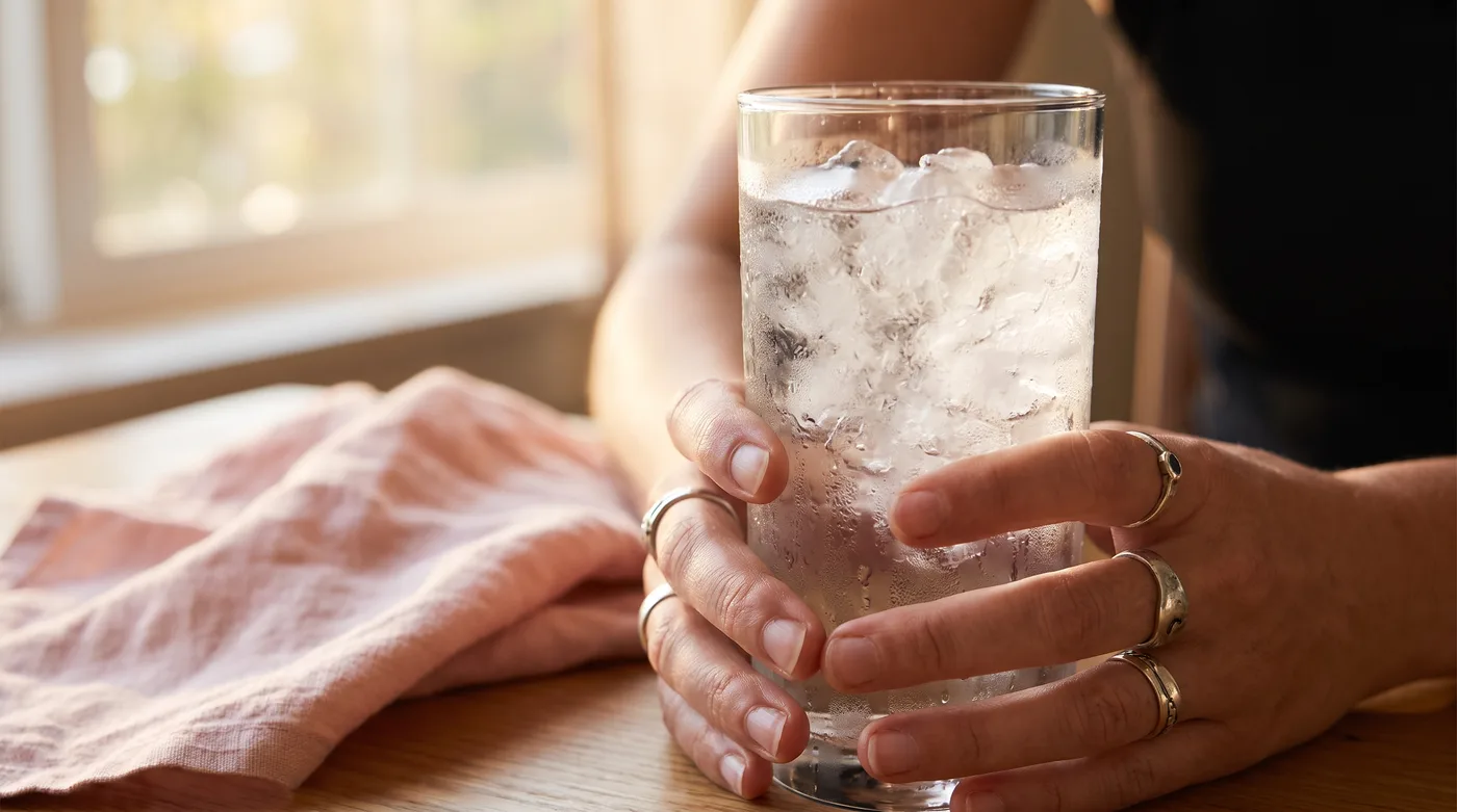 Hands holding a cool glass of water with condensation, a small comfort during a hot flash, one of the most common signs of menopause