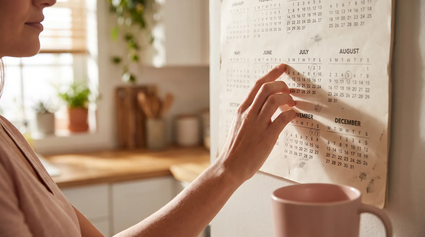 A woman's hand resting on a kitchen calendar with several months circled, tracking irregular periods and perimenopause symptoms