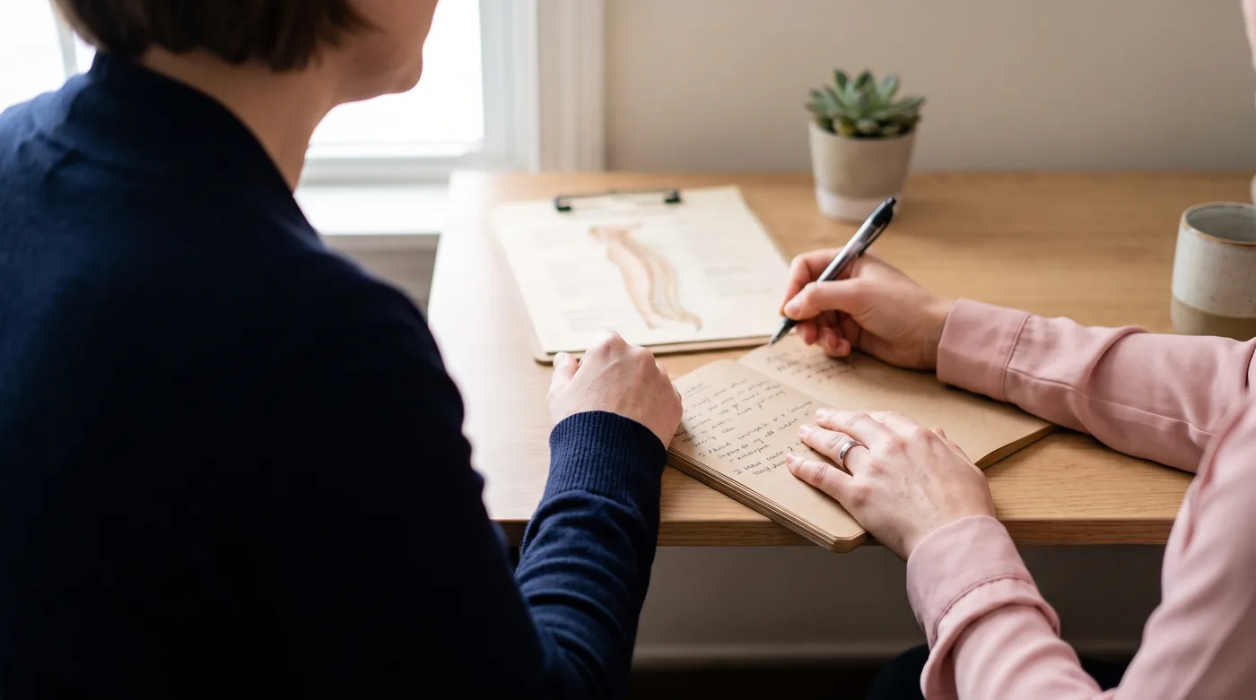 Two women's hands across a clinic desk with a notebook between them, discussing menopause treatment options