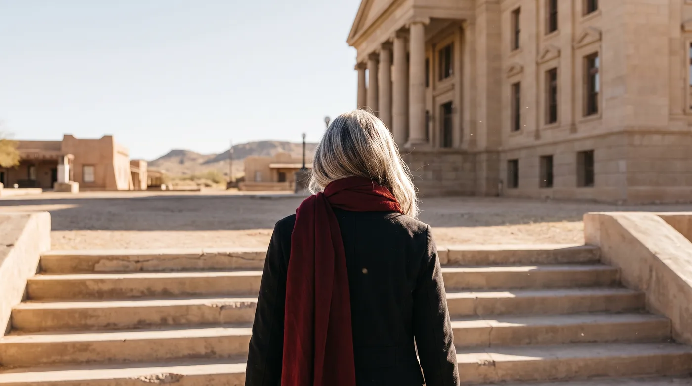 A woman seen from behind walking up the steps of a sunlit civic building, a reminder that menopause is a policy issue too
