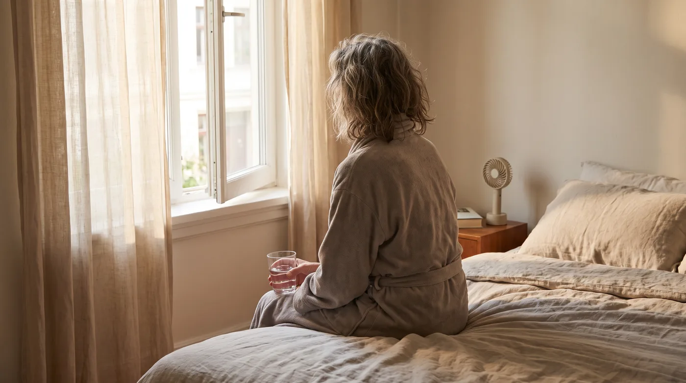 Menopause symptoms: a woman in her fifties, seen from behind, sitting by an open window at dawn with a glass of water and a handheld fan