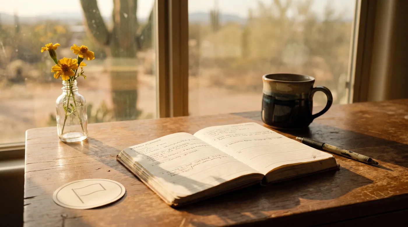 Women's events in Phoenix this week: a paper planner open on a desk beside a coffee cup and a voting sticker in warm afternoon light