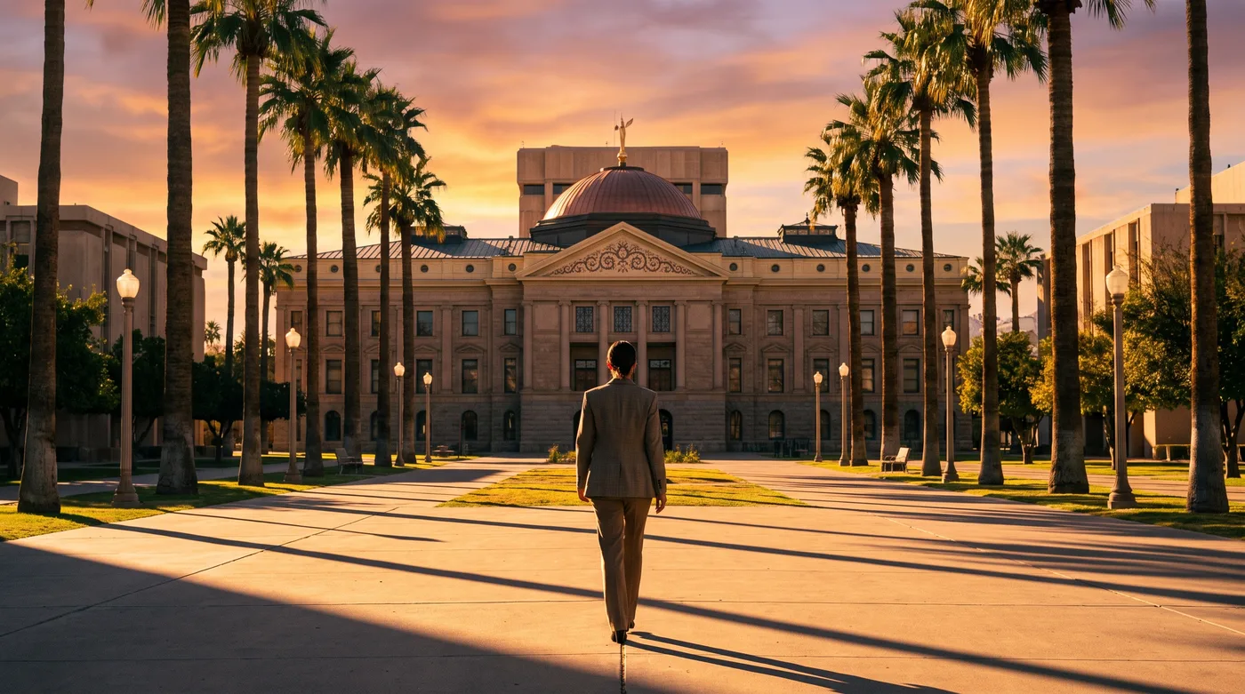 Arizona 2026 election candidates: a woman seen from behind walking toward the copper dome of the Arizona State Capitol in Phoenix at golden hour