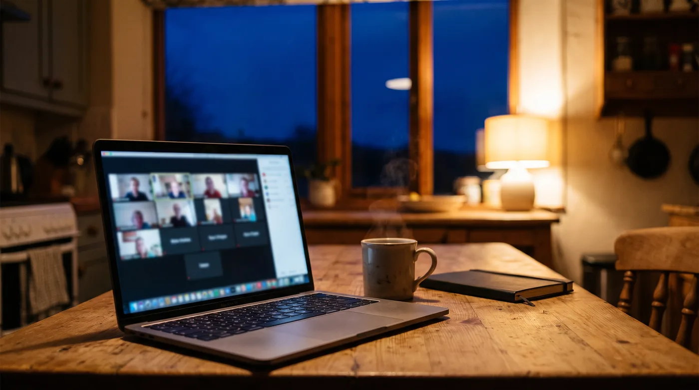 Women's events Mesa AZ this week online: a laptop on a kitchen table at dusk showing a video meeting grid, beside a mug of tea