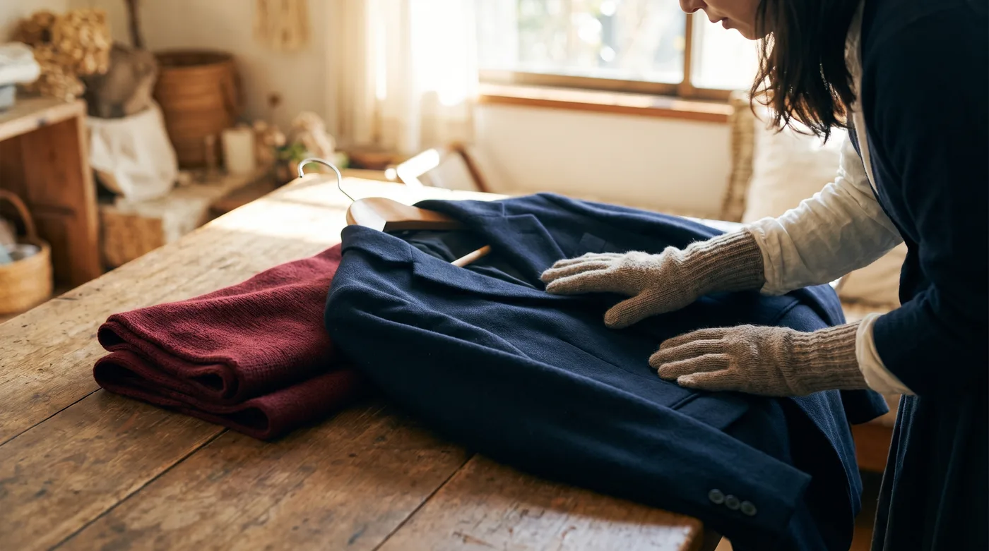 Things to do in Phoenix this week for women: hands smoothing a midnight navy blazer on a hanger next to a folded oxblood scarf
