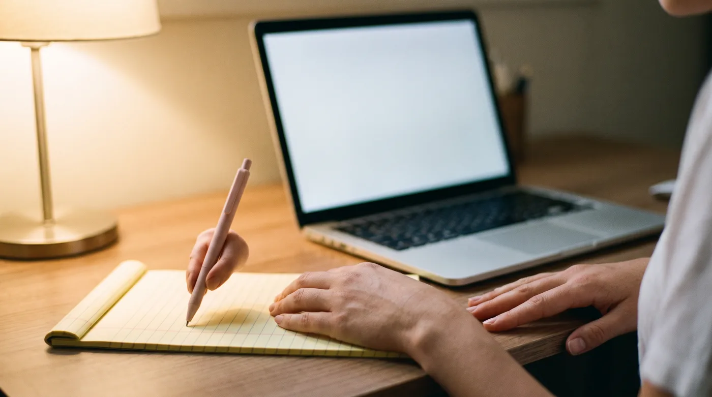 Women's events Phoenix legal webinar: a woman's hands taking notes on a yellow legal pad beside an open laptop and a blush pink pen