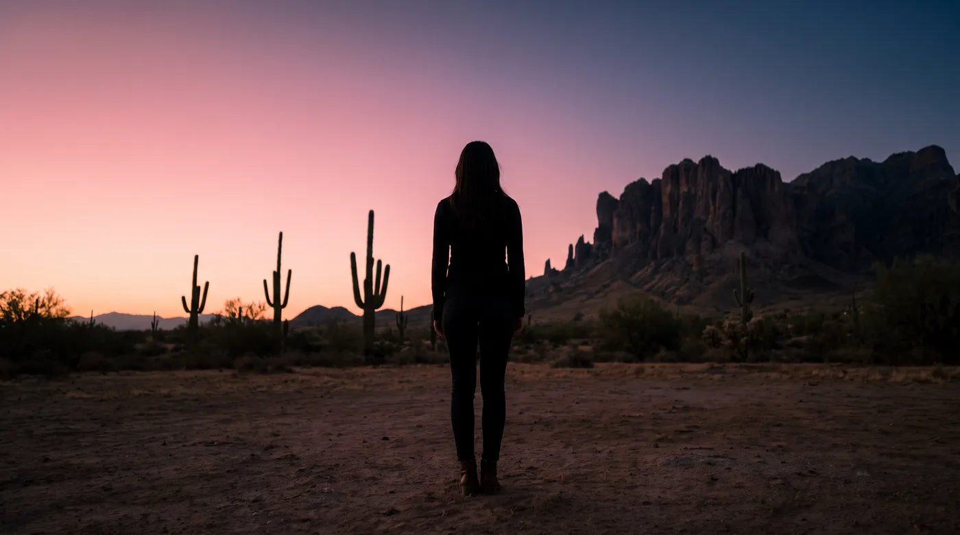 Women's events Mesa AZ this week: a woman seen from behind looking toward the Superstition Mountains at dusk, with a navy and blush sky