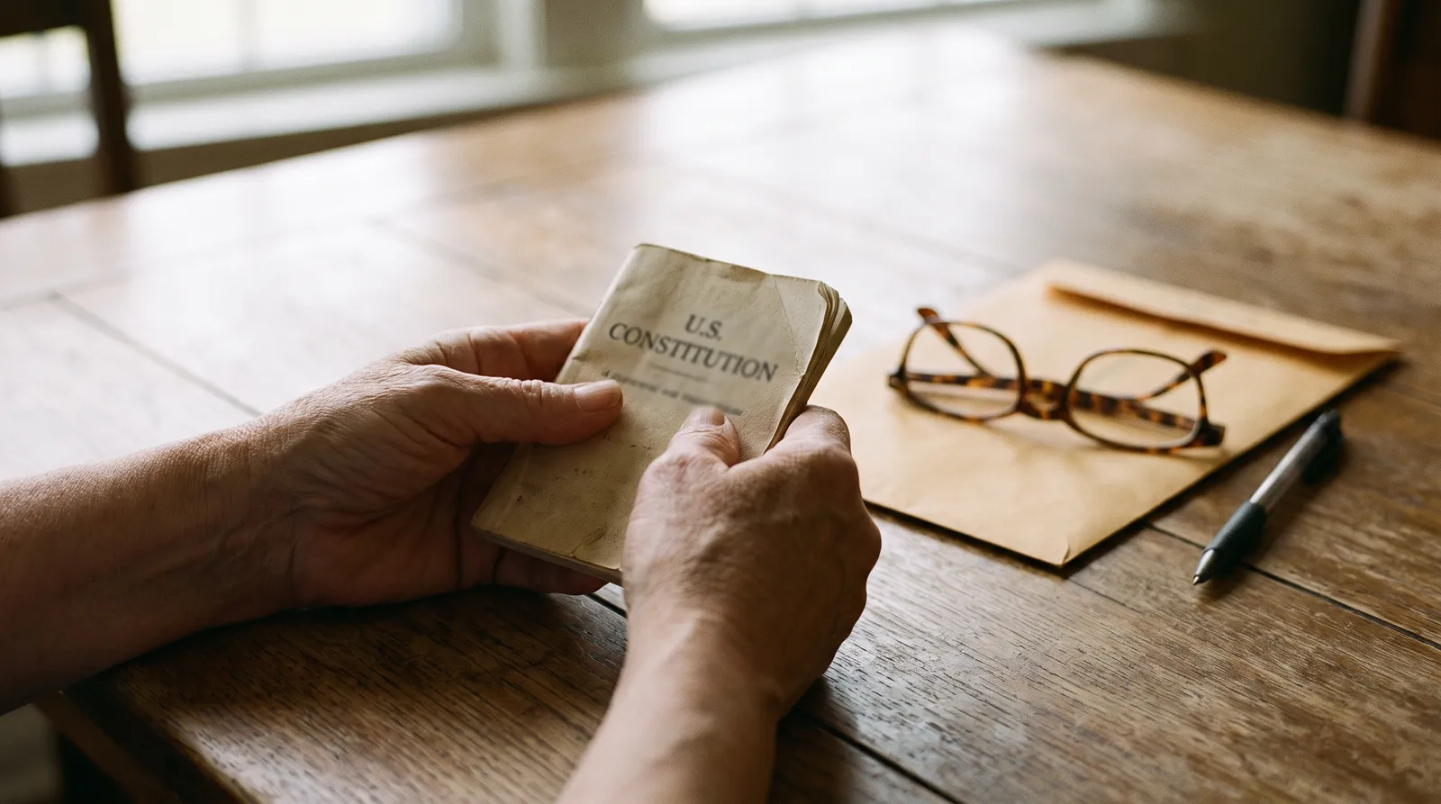 Women's rights in the United States: a woman's hands holding a pocket copy of the Constitution beside reading glasses and a pen