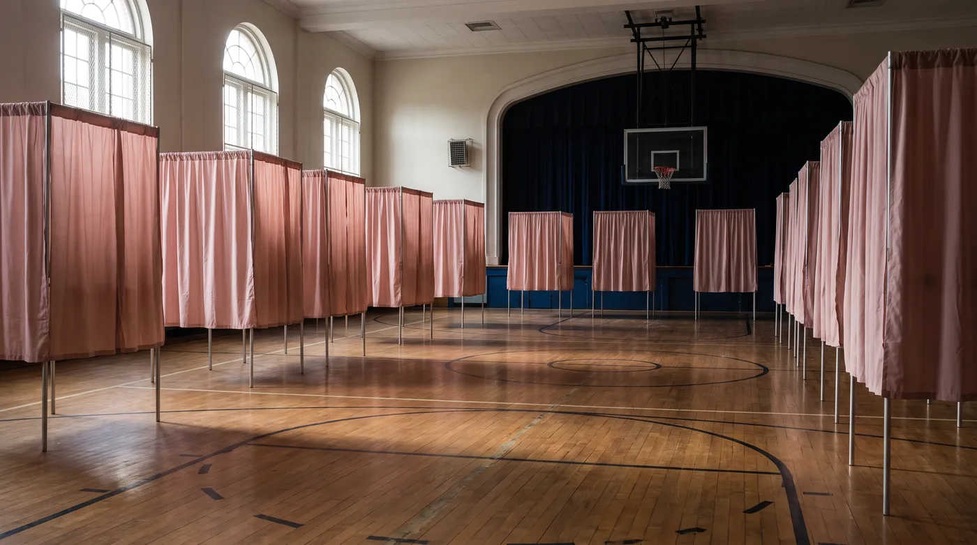 Rows of empty voting booths with blush pink privacy curtains in a quiet gymnasium, ready for voters weighing women's rights issues