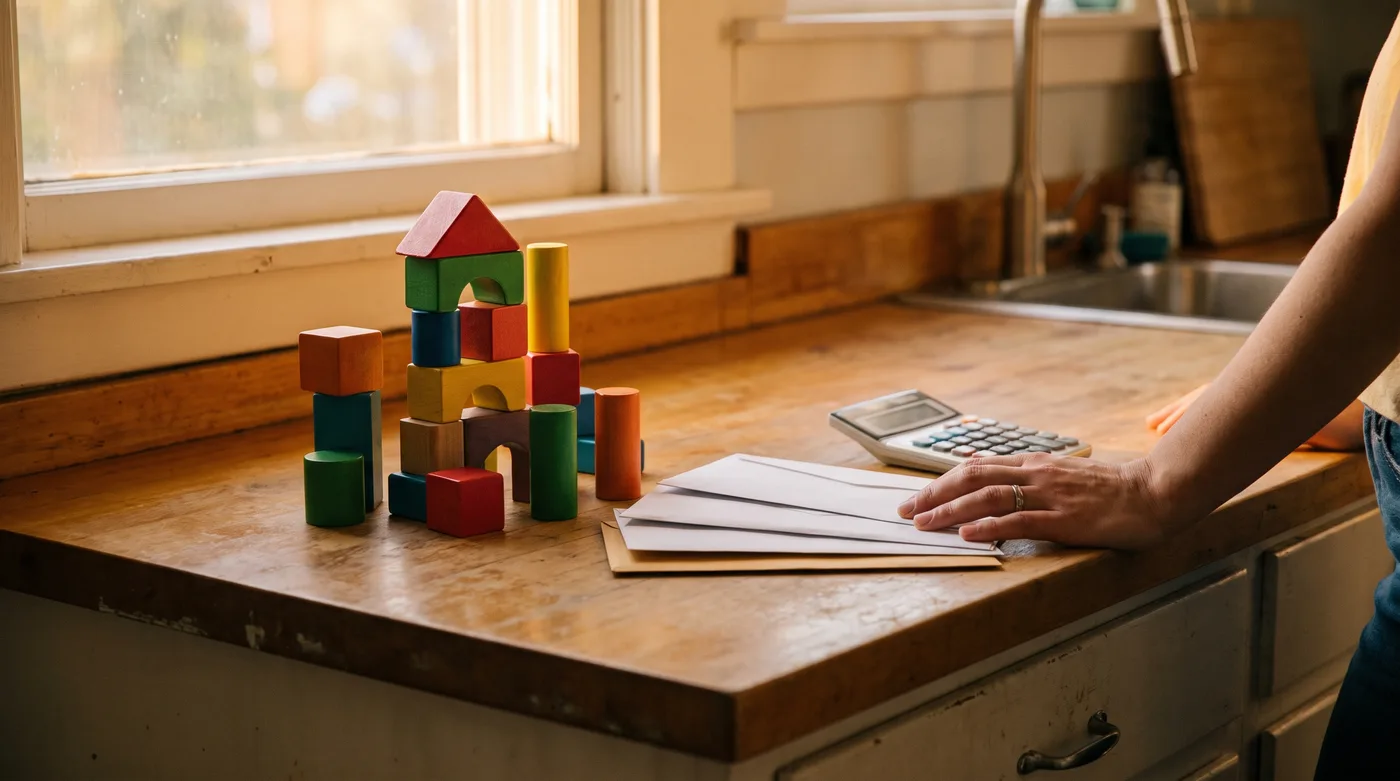 Wooden toy blocks and a stack of unpaid bills on a kitchen counter, the cost of child care as one of the current women's rights issues