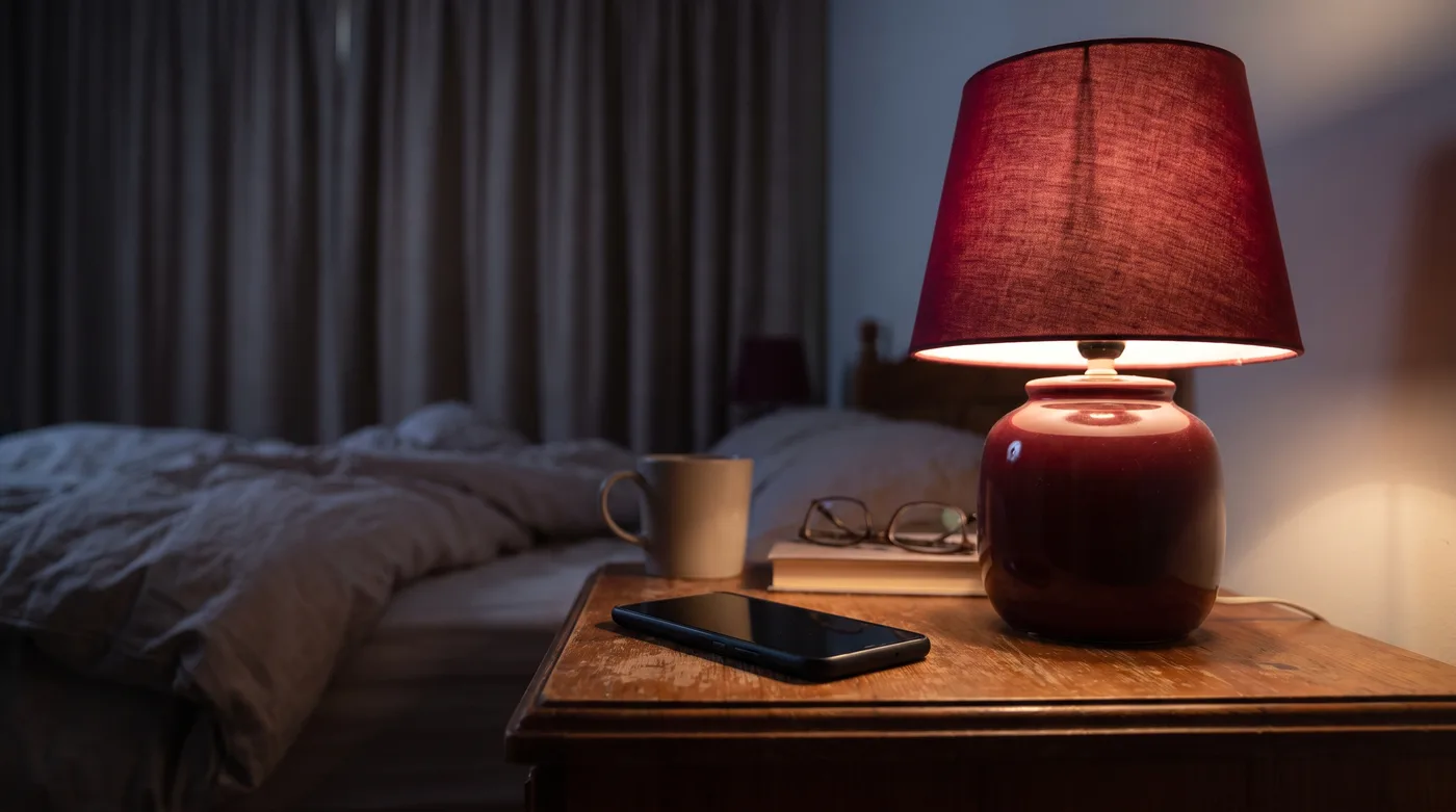 A phone resting face down on a nightstand beside a lamp glowing soft oxblood red, a quiet image for domestic violence funding among women's rights issues today