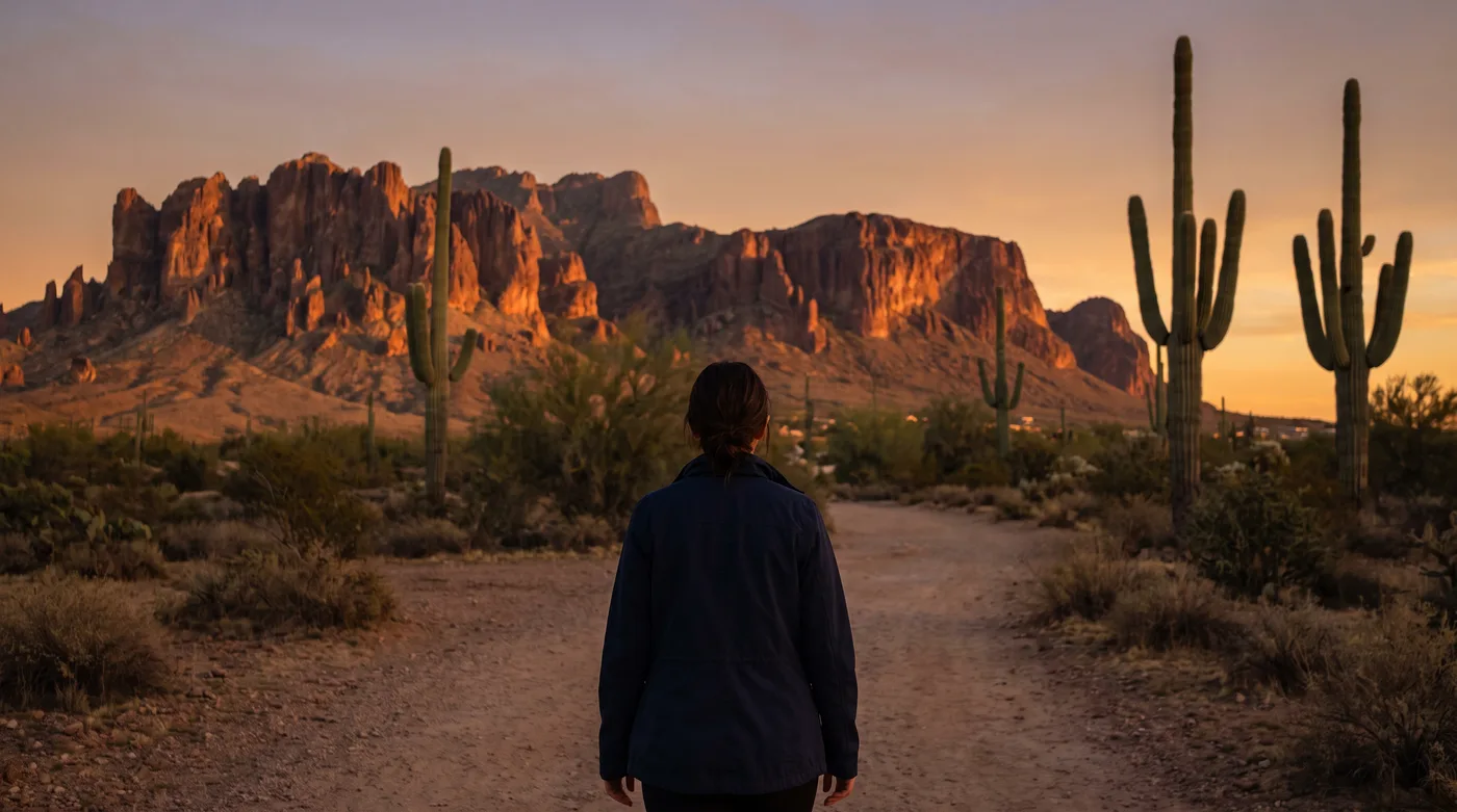 A woman seen from behind walking toward a desert mountain at golden hour, reflecting on current women's rights issues in Arizona