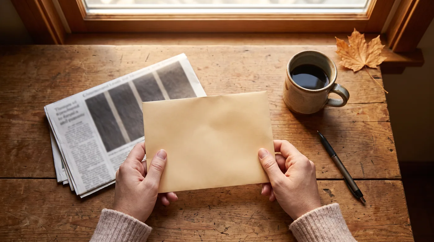 Women's rights issues today: a woman's hands holding a folded newspaper and a mail-in ballot envelope on a wooden table beside a coffee mug