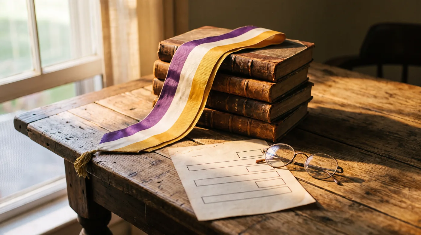 Women's rights timeline: a vintage suffrage sash, an old ballot and a stack of law books arranged on a wooden table
