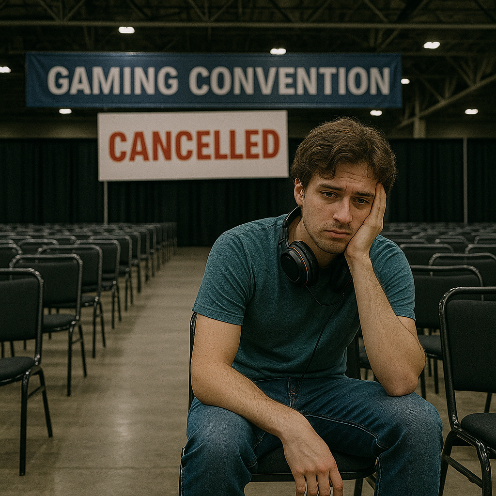 Empty gaming convention hall with lone sad gamer wondering if project 2025 video games regulations drove away game developer friends