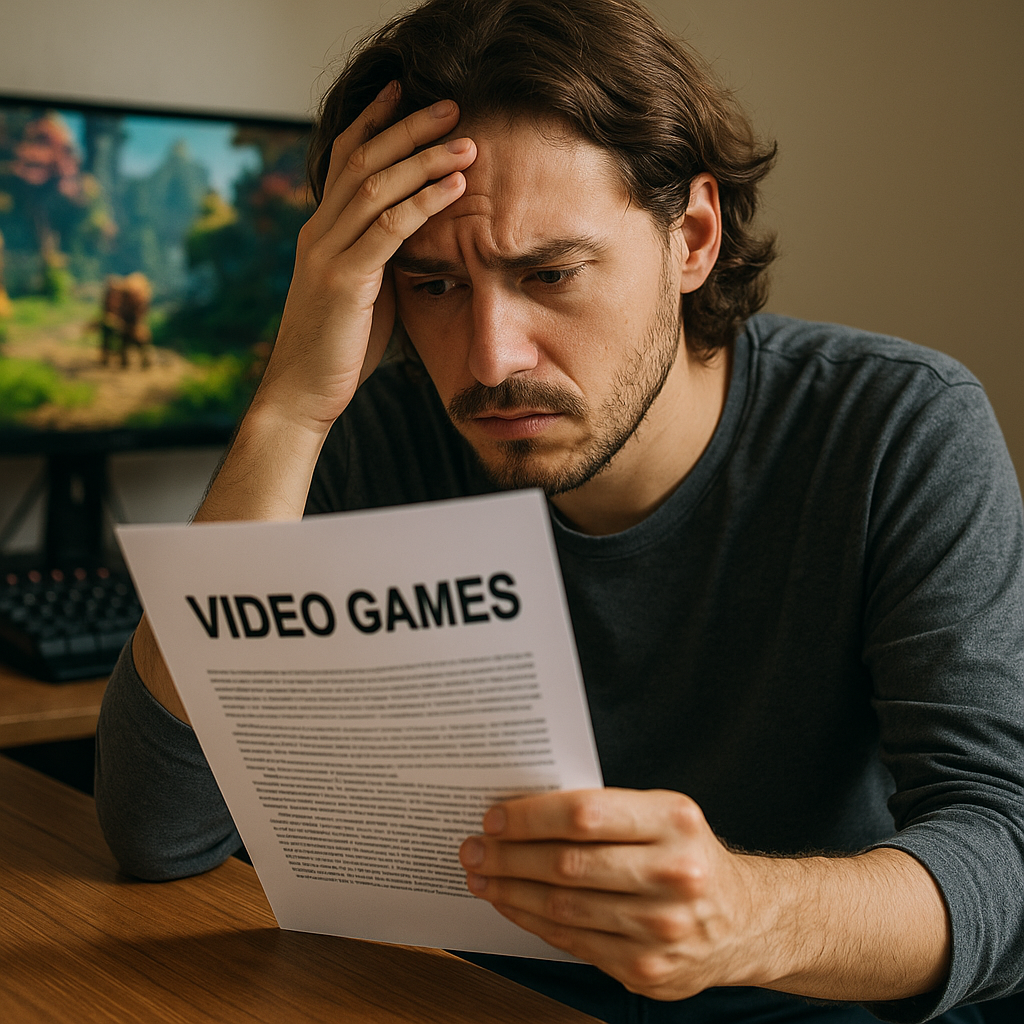 Game developer looking stressed while reading documentation about whether does project 2025 ban video games at cluttered desk