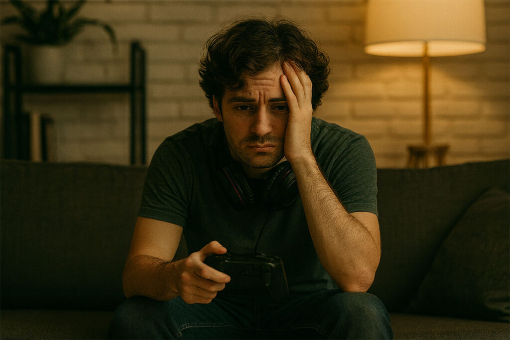 Gamer with controller sad on couch contemplating will project 2025 ban video games while surrounded by game collection