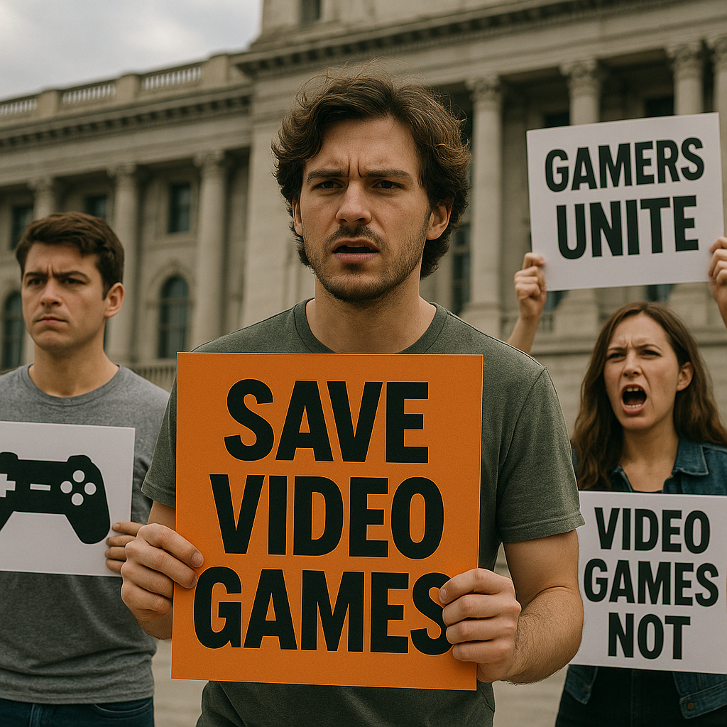Gamers protesting outside government building holding signs asking will project 2025 ban video games and opposing gaming content moderation