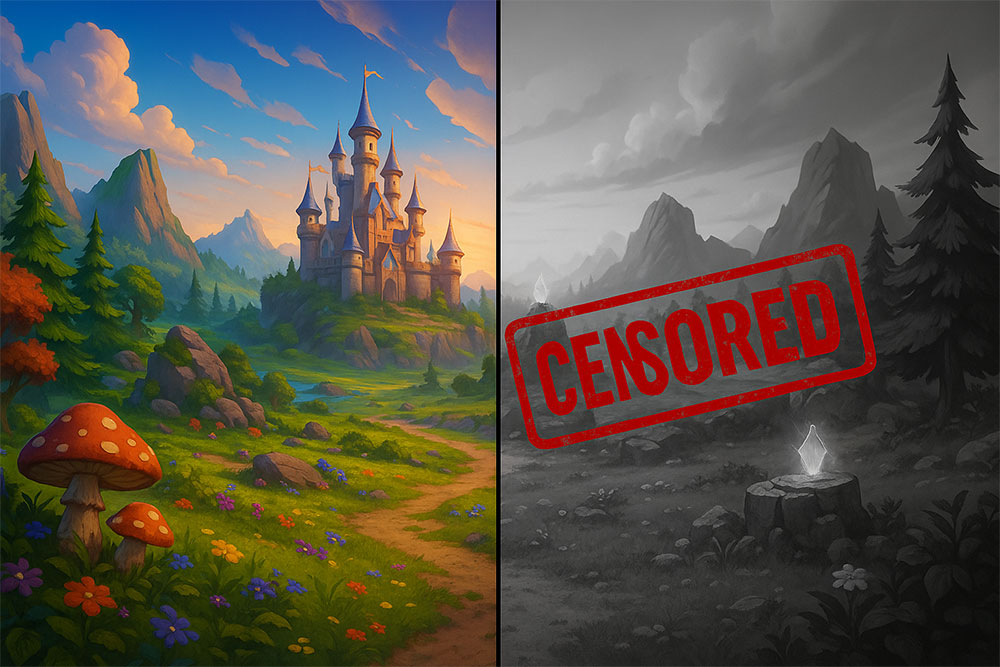 vibrant video game split screen with a black and white version censored